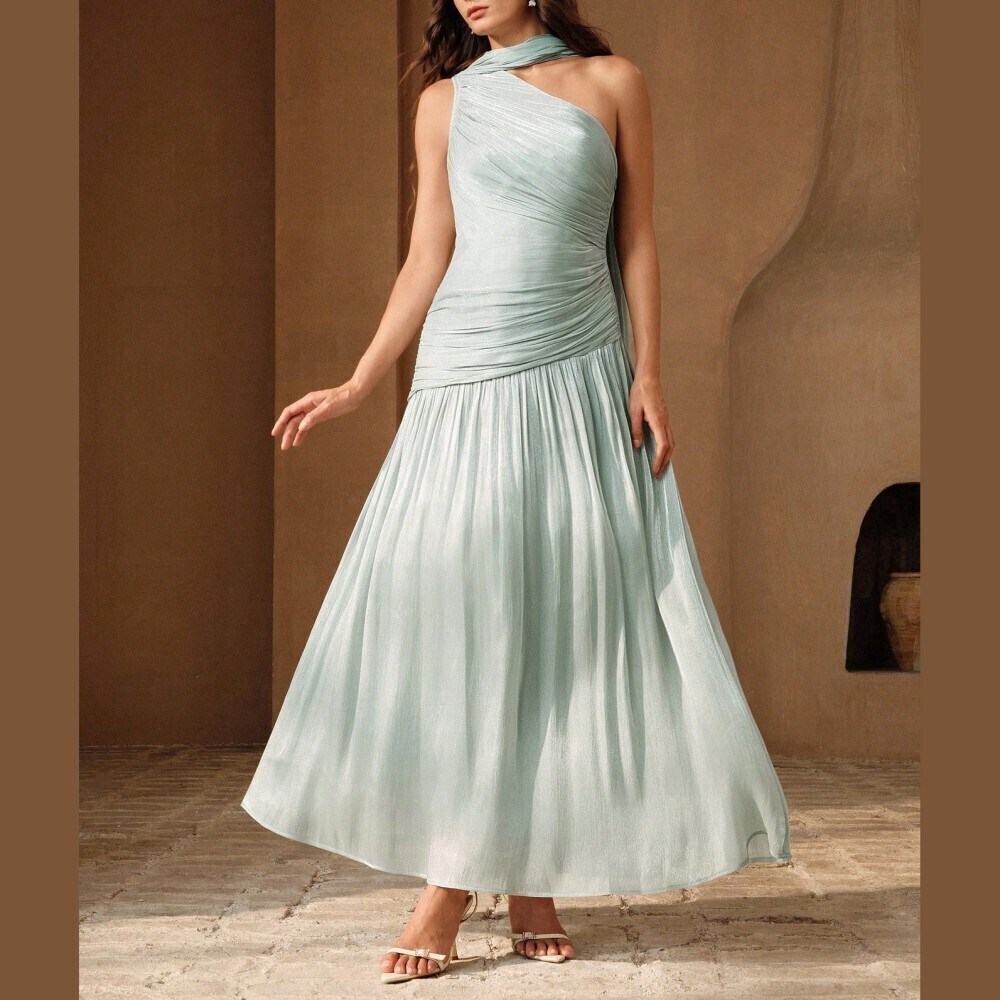 Pale Mint Blue Ruched One Shoulder Draped Neck Maxi Dress